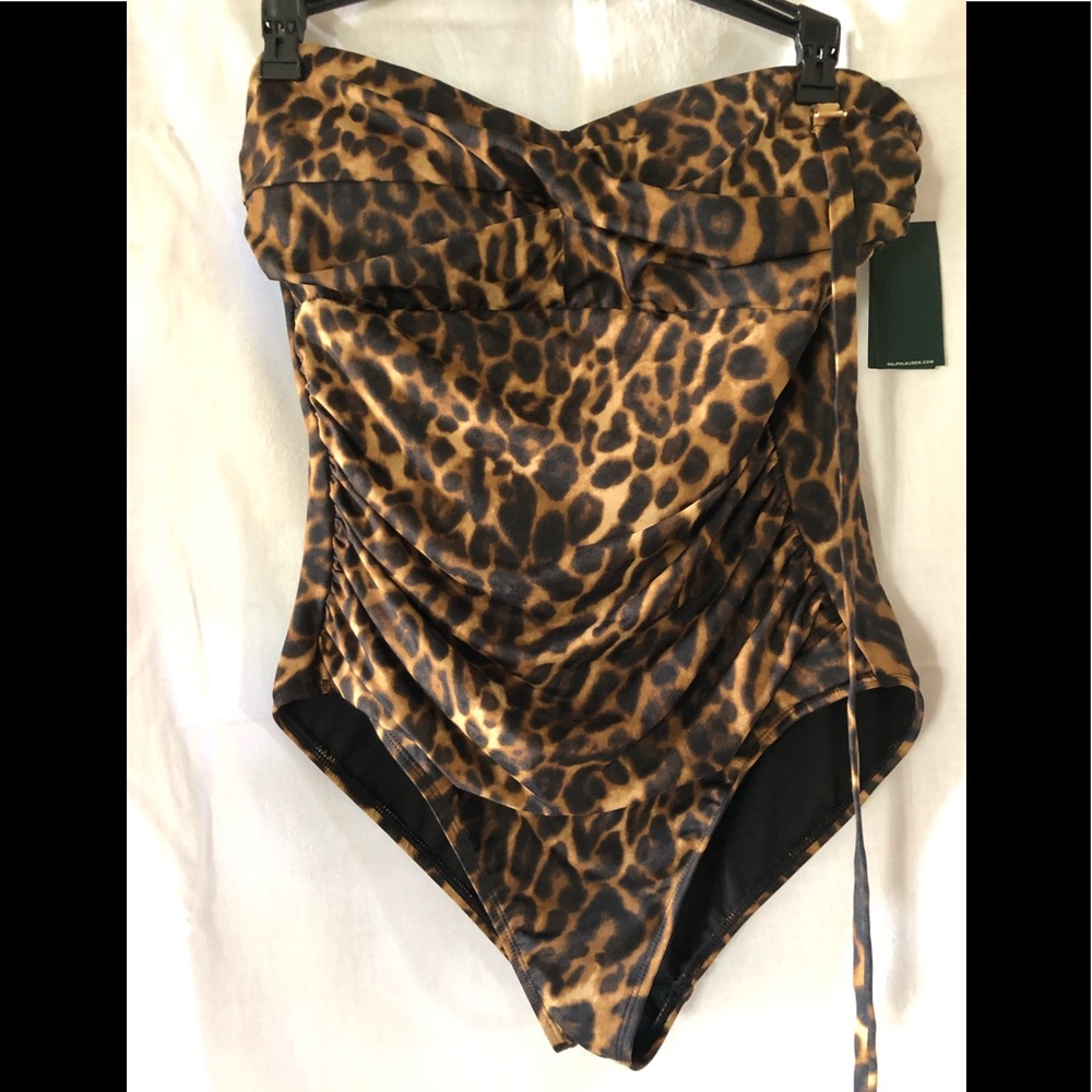 NWOT Ralph Lauren ruched LEOPARD swimsuit, sZ 12